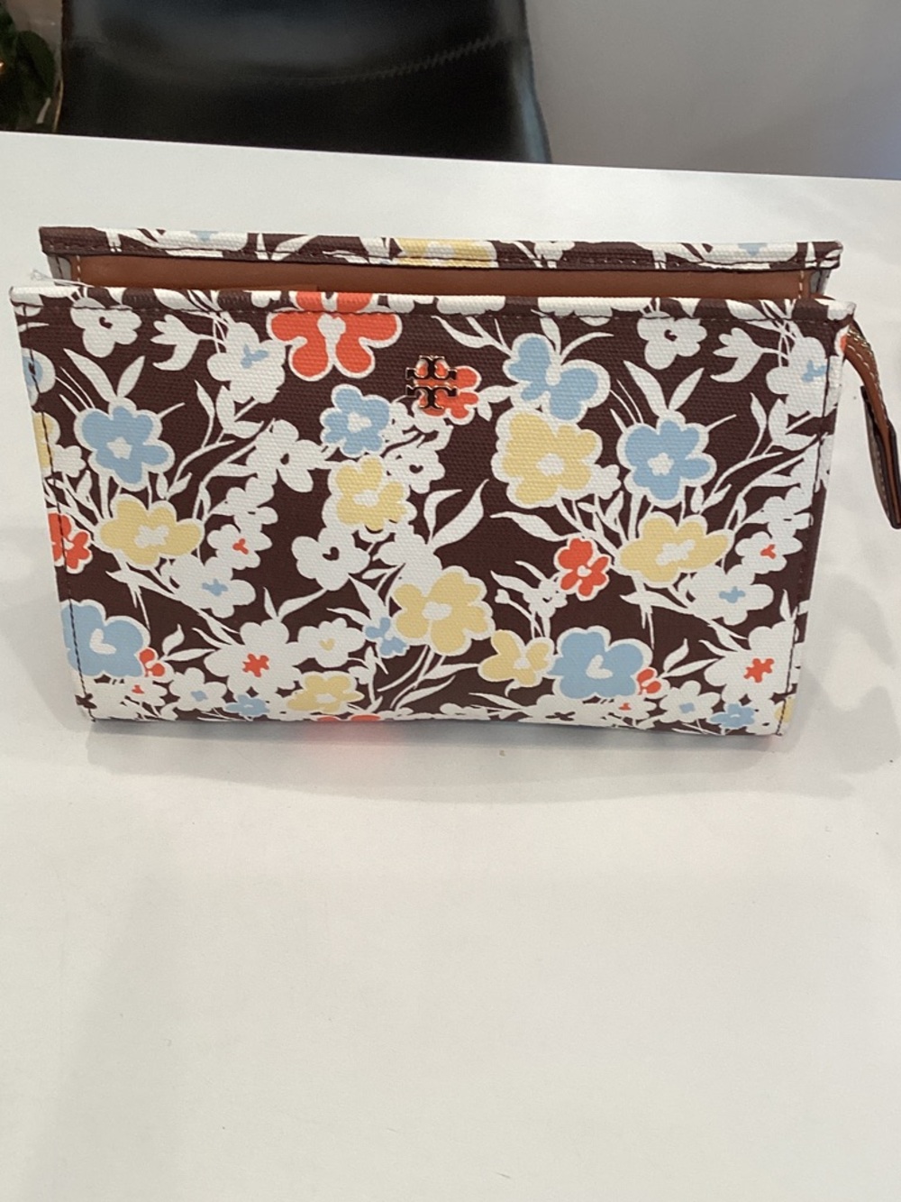 Tory Burch Floral Zip Pouch Clutch in Brown with Blue, Yellow and Coral Flowers